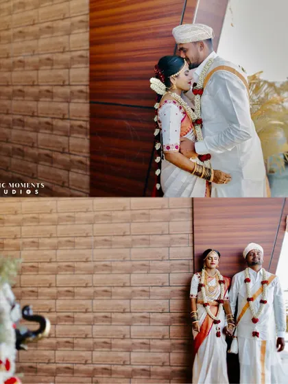 A collage of the newlyweds, Mythresh and Teja, sharing a tender moment and posing for a classic portrait on their wedding day.