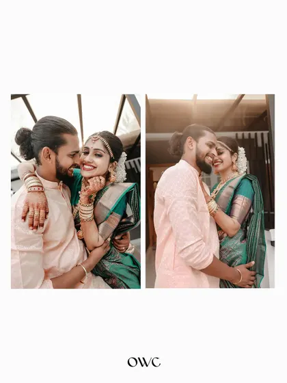 A diptych of intimate couple portraits, capturing their loving gazes and smiles.