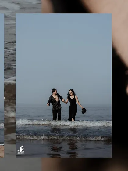 A fun, candid moment from a beach pre-wedding shoot, capturing the couple's laughter and joy.