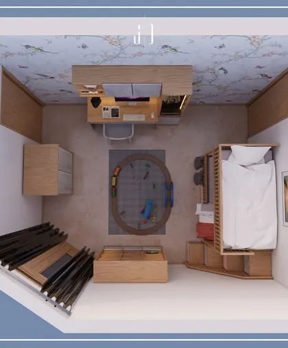 A top-down 3D floor plan of the kids' room, showing the efficient use of space. This helps clients visualize the entire room layout, including the bunk bed, study area, and play zone.