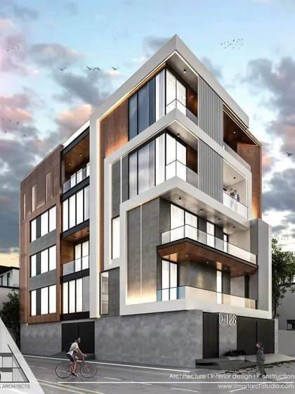 A corner view of our upcoming project in Ashok Vihar. The design wraps the corner with interlocking white frames, contrasting with wood and grey textured surfaces to create a bold, geometric statement.
