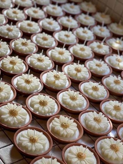 A beautiful overhead shot of our earth pot daisy candles, showing the intricate detail of each handmade candle.