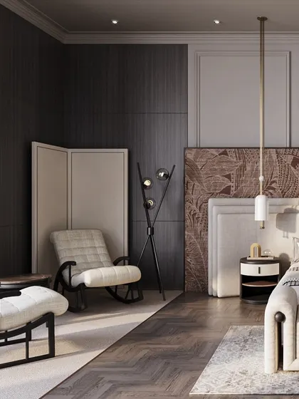 In this Ludhiana master bedroom, we created a richly layered bed-back with molded paneling, wallpaper, and a fabric headboard. The design creates a sense of quiet luxury, with every texture and detail thoughtfully considered.