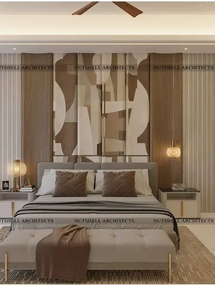 Art and elegance define this master bedroom. The statement headboard features a bookmatched veneer, where the natural wood grain creates a beautiful symmetrical pattern. On the right, wardrobe shutters are adorned with embroidered fabric for a touch of artisanal luxury.
