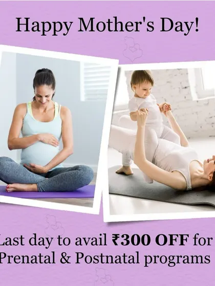 This graphic announces our Mother's Day offer, providing a discount on our prenatal and postnatal programs. It's an invitation to commit to your health and enjoy motherhood.