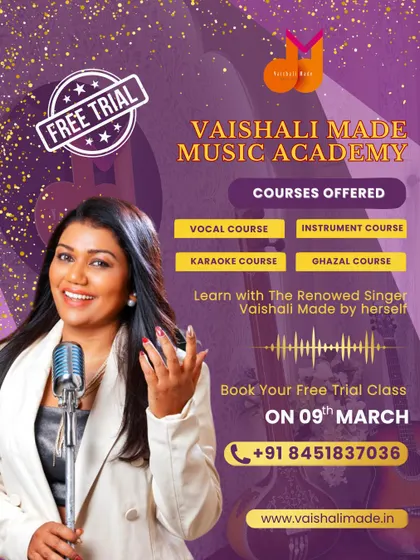 We offer a free trial class so you can experience our teaching firsthand. This poster shows the main courses available: Vocal, Instrument, Karaoke, and Ghazal. It's a great way to start your journey with us.