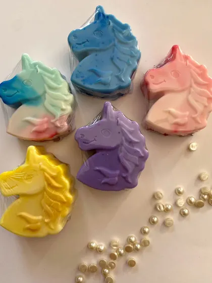 Another look at the vibrant unicorn soaps. The detailed design and kid-safe ingredients make them a gift you can feel good about giving.