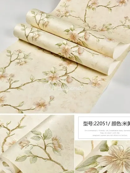 A collage showing a neutral-toned floral wallpaper roll from multiple angles.