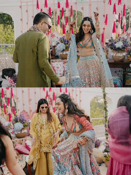 A collage of candid moments from a vibrant Mehendi party. These images capture the bride's infectious energy, her joyful dances, and the happy, celebratory atmosphere of the event.