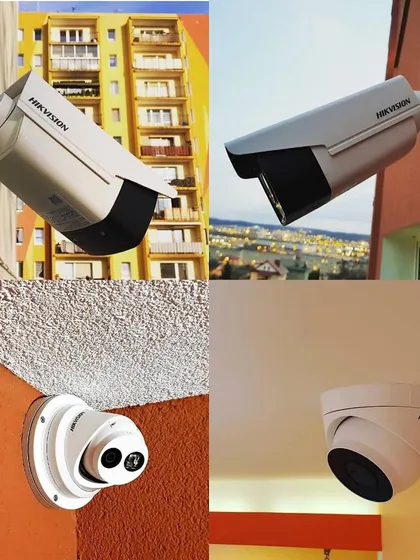 A collage showing various types of Hikvision cameras we install, including bullet and dome models for both commercial buildings and residential properties.