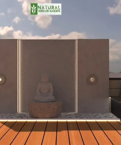 A minimalist zen garden concept. The render features a Buddha statue on a pebble bed, set against a simple wall with soft, vertical lighting.