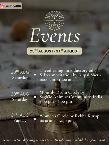 This weekend schedule highlights our offerings like a free ThetaHealing introductory talk, a Monthly Drum Circle with the Sagh'ic Animist Community, and a Women's Circle, showing the variety of community events I host.