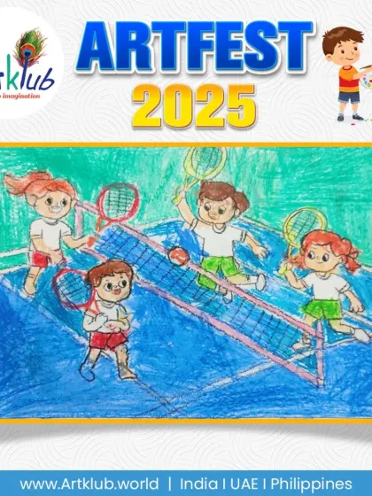 Four friends enjoying a game of badminton in this colorful piece from our junior division.