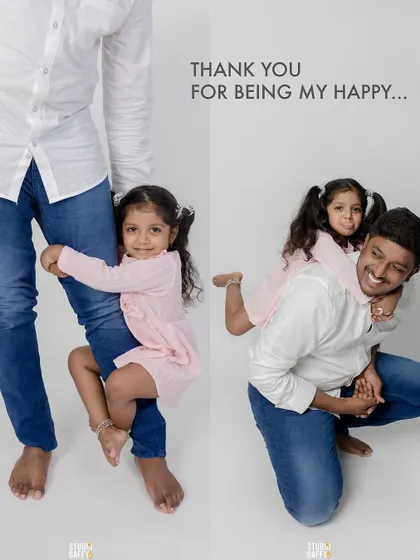 A collage showing a daughter clinging to her father's leg and getting a piggyback ride, capturing the fun of childhood.