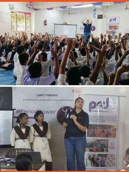 Young athletes in Bhubaneswar raise their hands, eager to participate in our Simply Periods workshop. Our interactive sessions create a vibrant and positive atmosphere for learning and discussion.