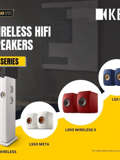 A graphic showcasing the full KEF LS Series of wireless HiFi speakers. Each model is designed to offer the pinnacle of wireless technology, with options to suit any space and aesthetic.