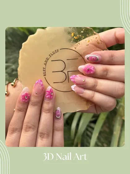 A close-up of my 3D nail art. This image shows how I combine sculpted pink flowers with other details to create a beautiful, textured design.