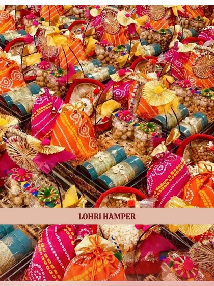 A display of our vibrant Lohri hampers, featuring a variety of potlis in traditional bandhani and leheriya prints. These are perfect for celebrating the harvest festival in style.