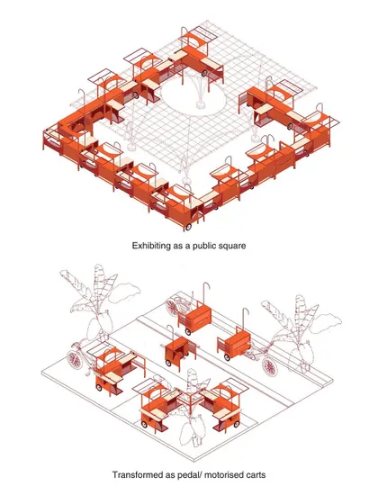 A single cart is a livelihood; a collection of carts becomes a public square. This diagram illustrates the modular potential of the Madam Narangi project, where individual units aggregate to create dynamic, community-scale markets and social spaces.