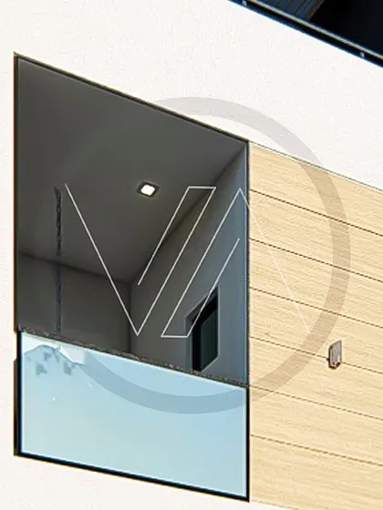 A close-up detail of a recessed balcony, showcasing the clean lines and material combination of wood and white render that is a signature of my work.