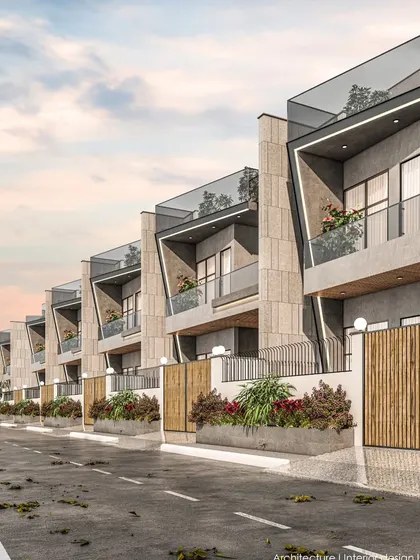 An alternative design for the Bhopal housing project, featuring angled rooflines and a mix of concrete and bamboo-like fencing for a contemporary yet natural feel.