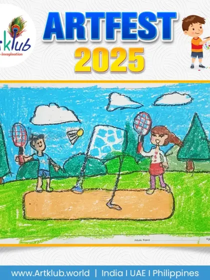 A charming drawing of two children playing badminton in a park. This junior artist's work captures a simple, happy moment of outdoor activity.