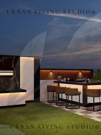 The barbecue and bar area for our East Delhi project. The design uses a stunning black and white marble-look slab as a feature wall for the grill.