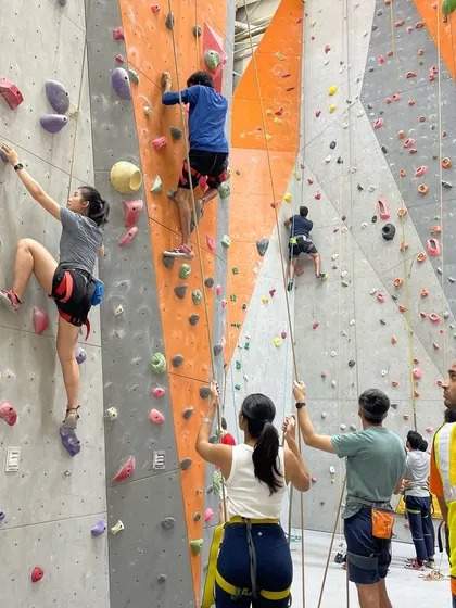 A wide shot showing multiple climbers on the walls, with others belaying and spotting. It's a perfect illustration of our active and engaged community.