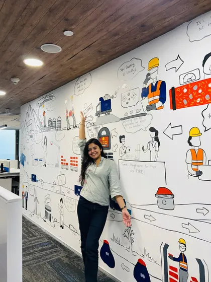 A happy moment with the finished mural. This artwork was a fulfilling journey of research, sketching, and painting to capture the spirit of the company.