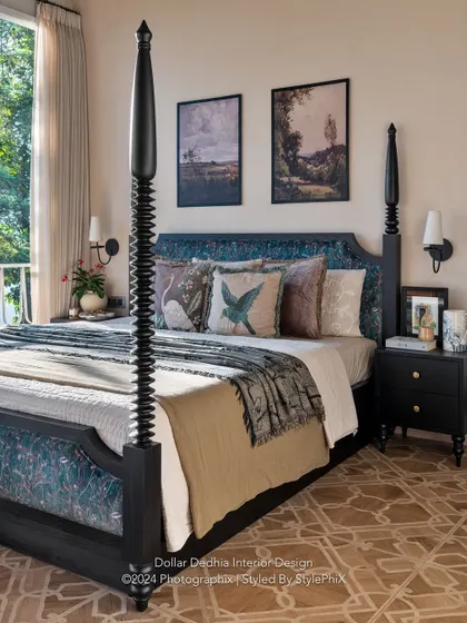 For this Panchgani villa, I designed a bedroom that feels both grand and intimate. The classic four-poster bed paired with modern styling and soft fabrics creates a perfect retreat with a view.