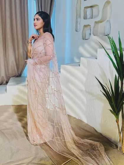 The full view of this gorgeous pink saree, showing how it catches the light. It’s a perfect example of modern festive wear.