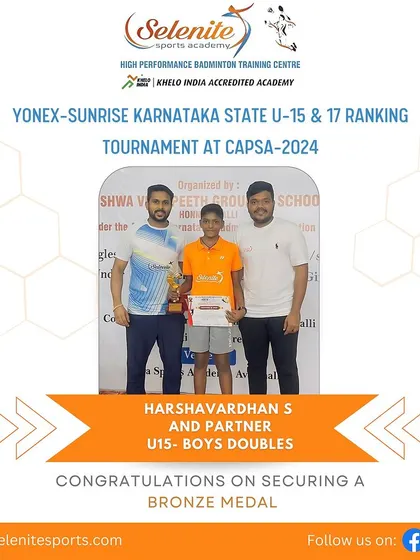 Our medal winners from the Karnataka State Ranking Tournament at CAPSA, including gold for Pavan & Punith and bronze for Adrian, Vamshi, Yadunandan, and Harshavardhan.