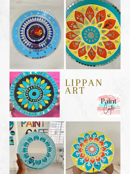 A collage of beautiful Lippan art pieces created in our studio. This traditional art form is a meditative and rewarding craft to learn.