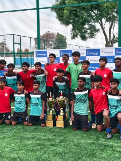 Our U17 boys celebrating as Gold Cup Winners at the Wellsprings Academy football tournament.