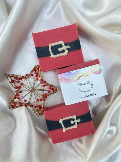 Another shot of the Santa's Belt soap, perfect for adding a touch of holiday decor to your bathroom.