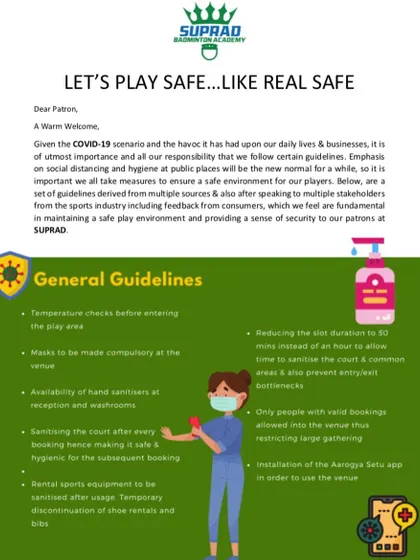Your safety is fundamental to us. This document outlines the general guidelines we have implemented, including temperature checks, sanitization, and mandatory masks, to ensure a safe play environment.