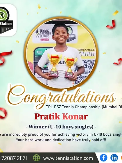 Congratulations to Pratik Konar for winning the U-10 Boys Singles at the TPL PSZ Tennis Championship. We focus on building a strong foundation from a young age.