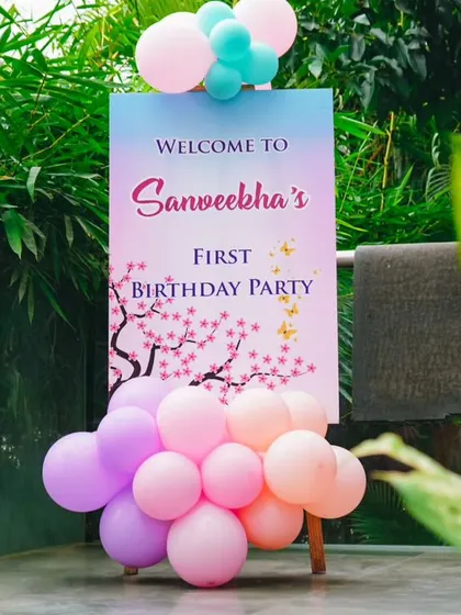 A duplicate of the beautiful welcome sign for Sanveekha's party, emphasizing this key personalized detail.