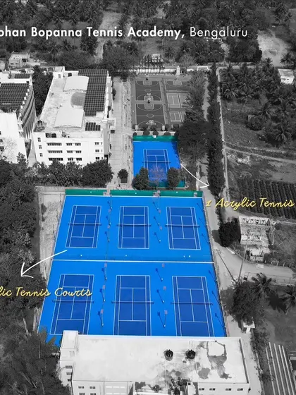 An aerial view highlighting our expansive facility, featuring a total of eight acrylic tennis courts. We provide ample space and professional-quality surfaces for our budding talents to shine.