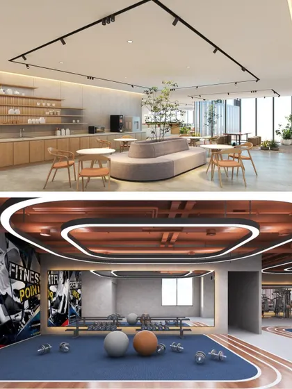 A collage showing a modern office cafeteria and a fully equipped gym. These amenities are crucial for employee wellness, and we integrate them seamlessly into our workplace designs to support a healthy work-life balance.