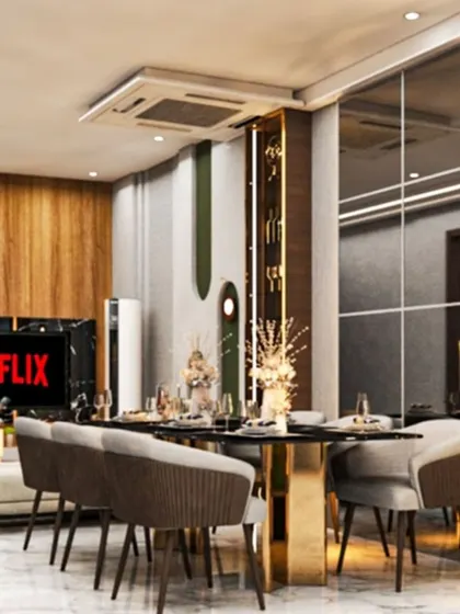 A combined living and dining room render where the dining table is set for a meal, and the TV in the background is ready for a Netflix session.