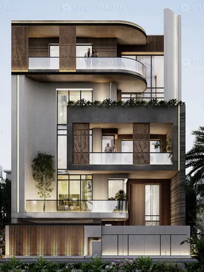 A 518 sq. yard residential project in Suncity, Gurgaon. The facade is defined by its curved balconies and a mix of wood and concrete, creating a soft, organic modernism.