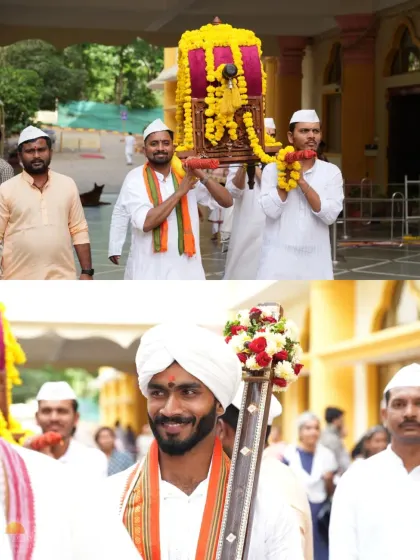 A collage showing devotees carrying the palki and playing instruments during the Ashadhi Ekadashi yatra. It is a beautiful display of community and shared devotion.