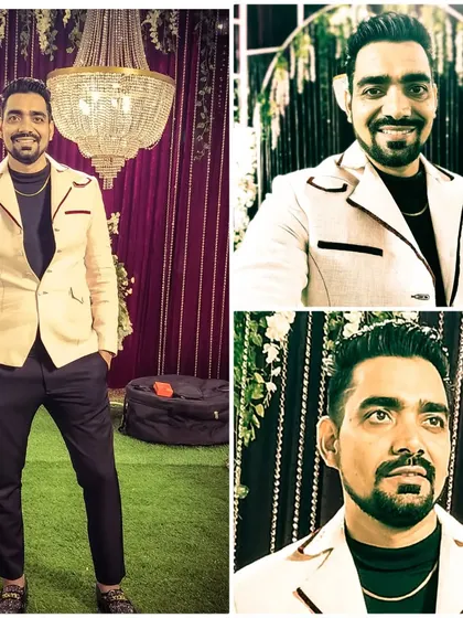 A collage from a recent wedding reception I hosted. A sharp outfit is part of the job. I make sure my style matches the elegance of your event, whether it's a classic reception or a modern sangeet.