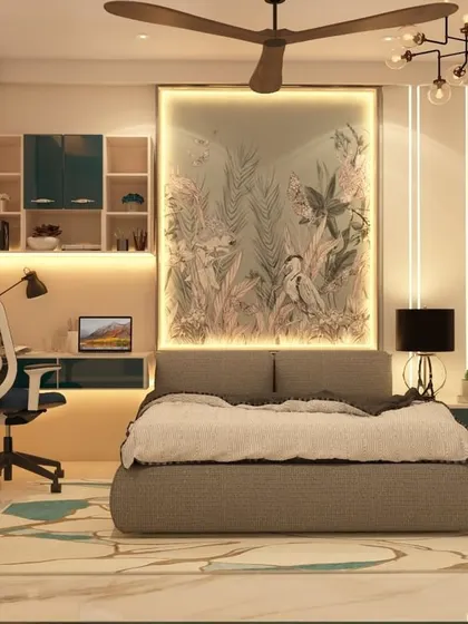 This bedroom design integrates a study area and features a large, beautifully lit piece of art as the headboard. The layout is optimized for both relaxation and work, with a comfortable bed and an ergonomic desk setup.