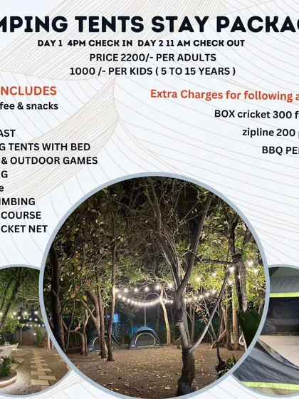 Here’s a quick look at what my standard camping package includes. I've packed it with activities like trekking, games, and more, plus all your meals, to make your stay easy and full of fun.