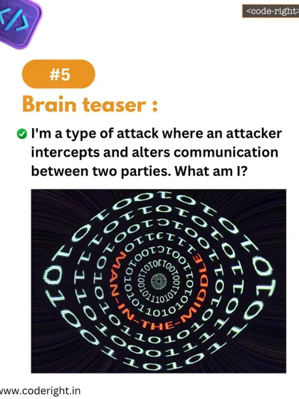 Brain Teaser: I'm a type of attack where an attacker intercepts and alters communication between two parties. What am I? This puzzle introduces the "man-in-the-middle" cybersecurity threat.