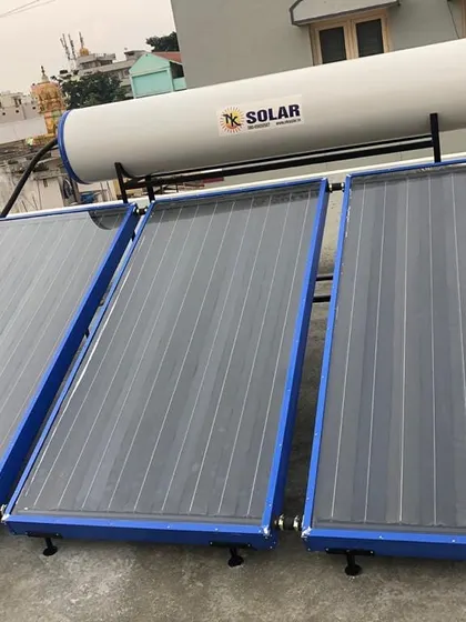 Our standard 300-liter FPC solar water heater, shown fully installed. This system is a popular choice for homeowners looking to reduce their electricity bills with a reliable solar solution.