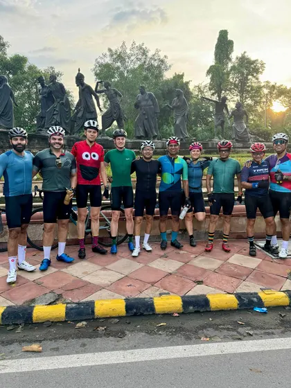 The group posing for a photo at our usual spot after the birthday ride.