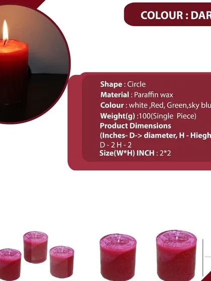 My dark red 2x2 inch pillar candle, shown here with its product specifications. The deep color is perfect for festive occasions like Christmas or for creating a romantic ambiance.